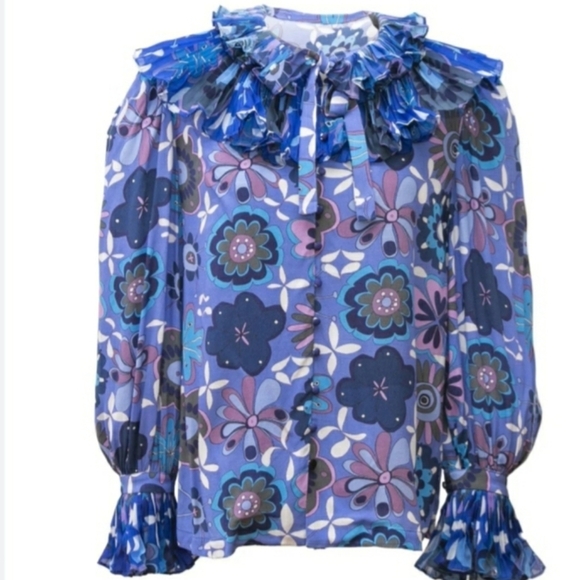 Celia B DODA Colbalt Blue Pleated Collar Blouse Xs - Picture 1 of 8